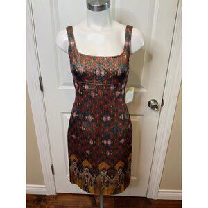 St. John Metallic Maroon, Green & Gold Geometric Pattern Sheath Dress, Size 2